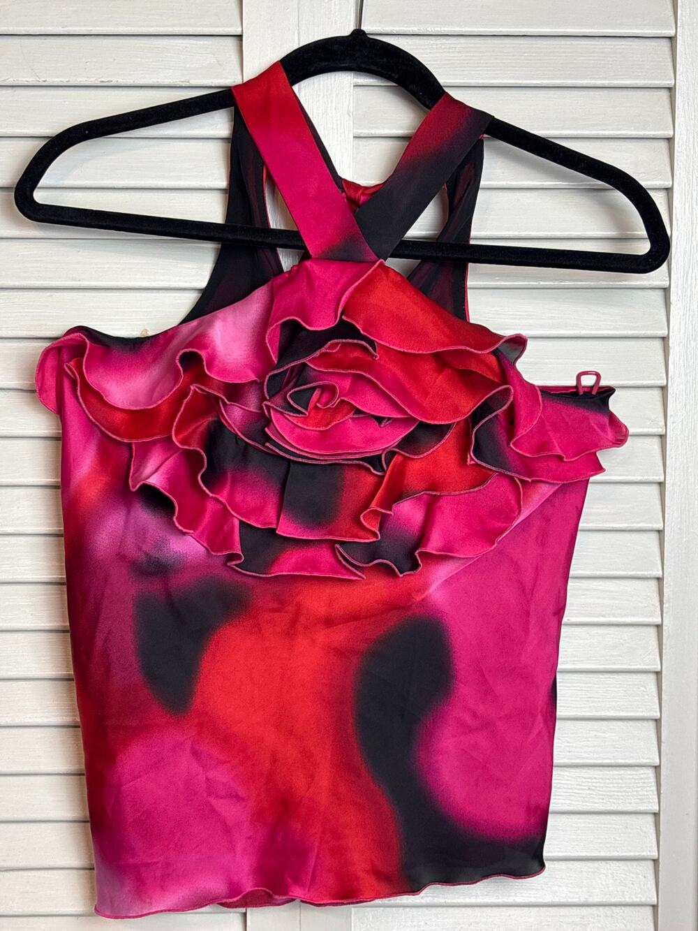 Express Pink Red Floral Ruffle Rosette Halter Neck Top Blouse Women's Size XS